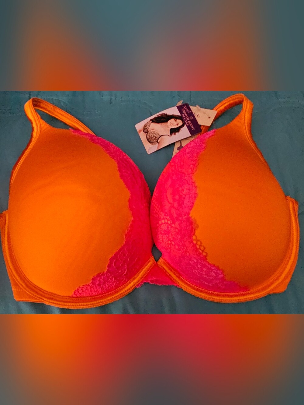 Women's Pink and Orange Lace-Trim Bra